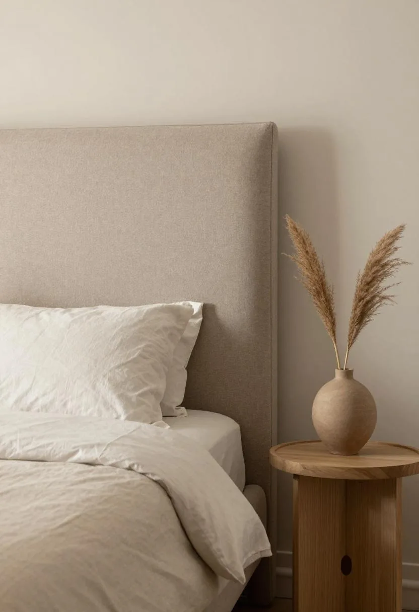 Warm greige bouclé headboard with dried pampas grass and natural oak side table