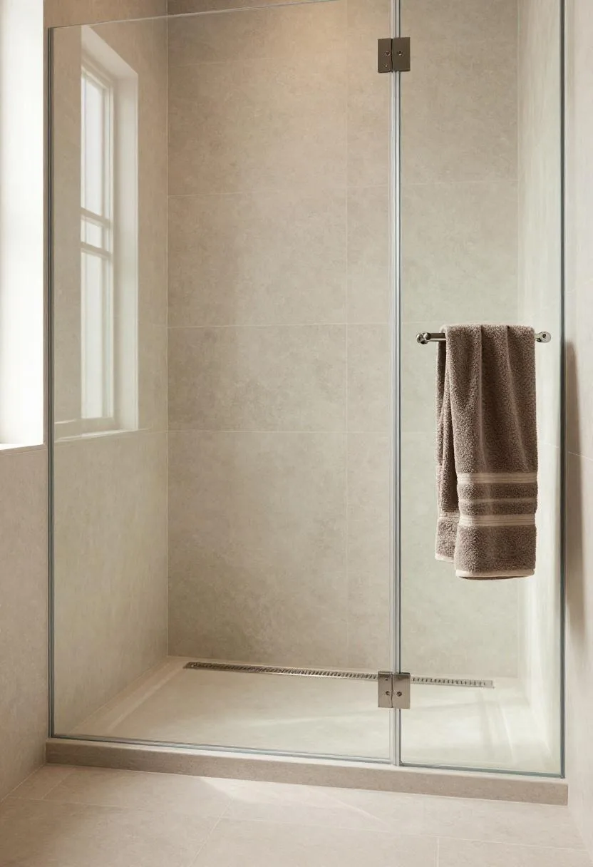 Greige porcelain walk-in shower interior with a sleek linear drain and a taupe linen towel draped outside