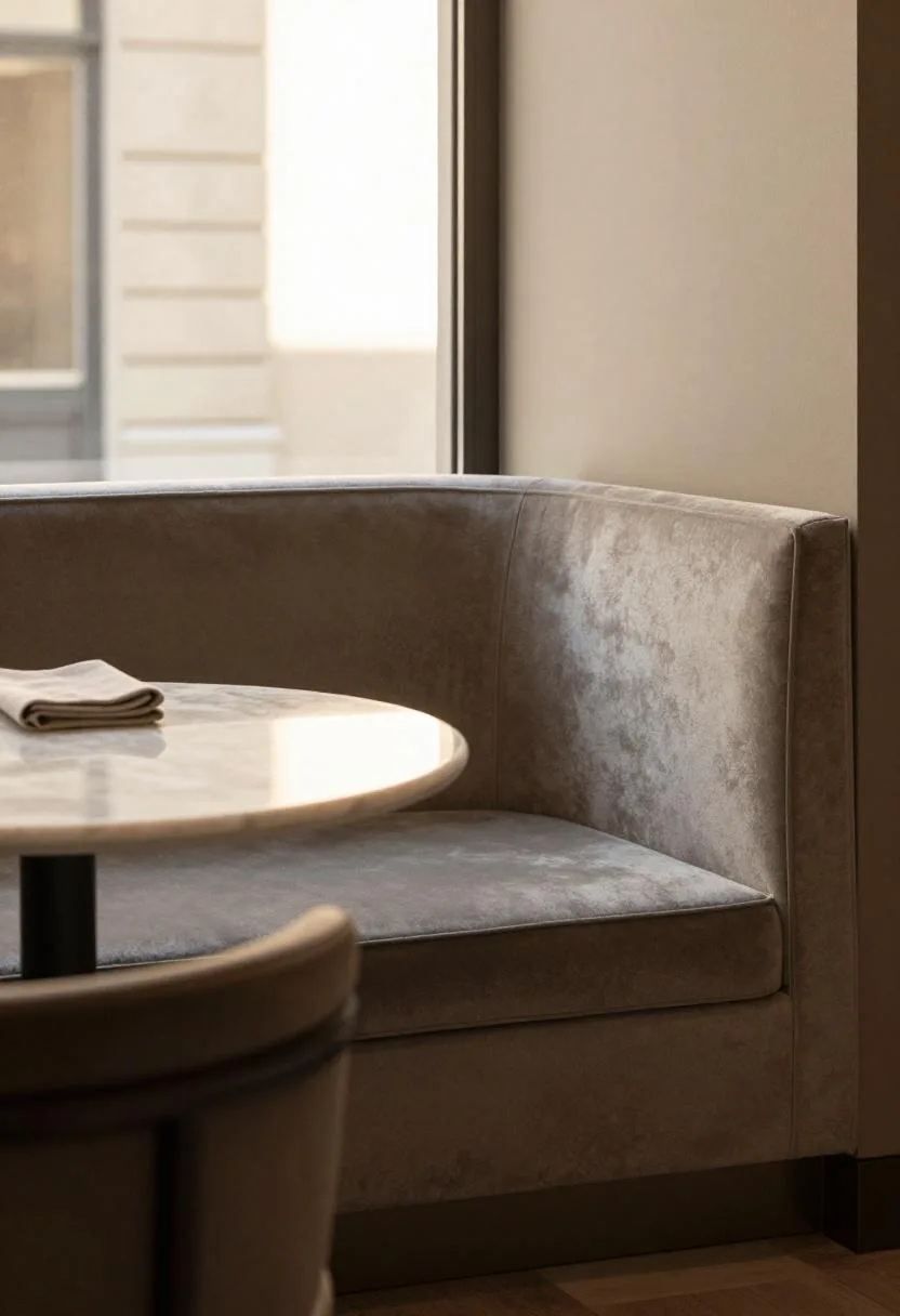 Greige velvet window seat breakfast nook with marble bistro table in warm morning light