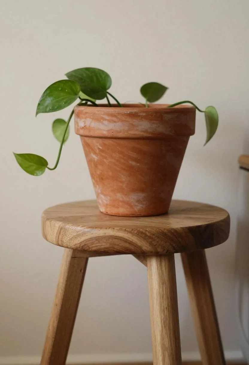 Hand-carved acacia wood stool with a terracotta pothos pot on top, set against a warm plaster wall