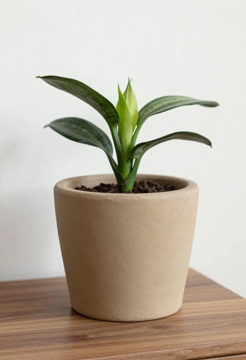 Hand-formed sand-toned clay planter with snake plant on a walnut table