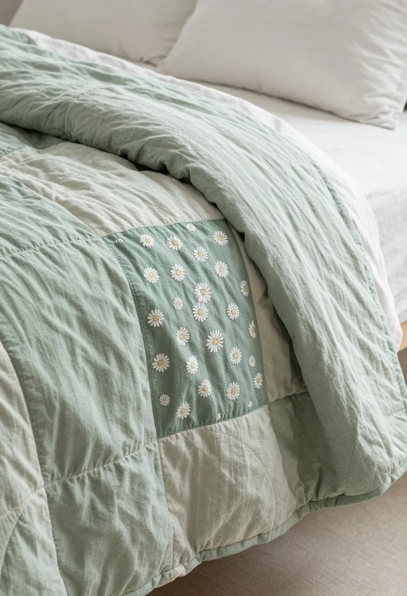 Close-up detail of hand-stitched vintage patchwork quilt with pressed daisy panel in sage green fabric