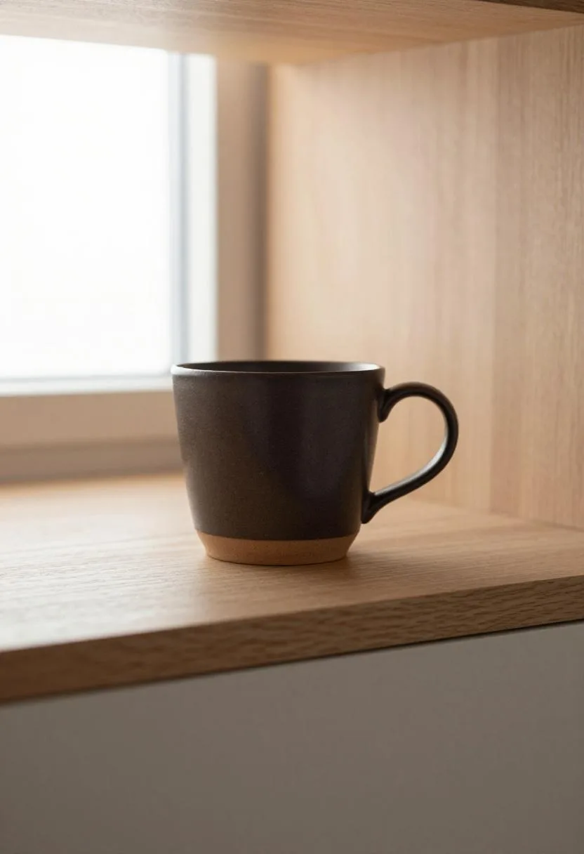 Dark handmade ceramic mug on oak shelf with soft morning backlight creating a warm silhouette