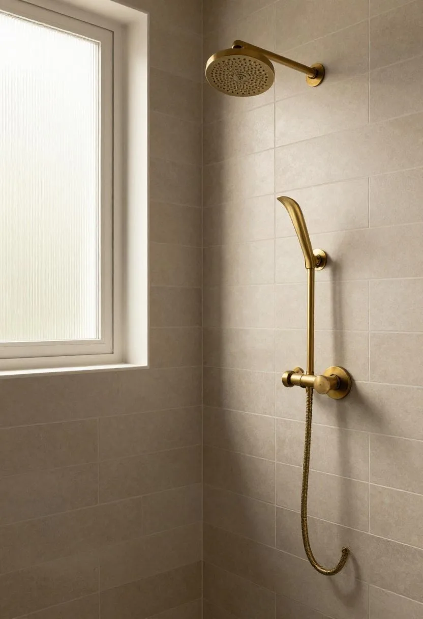 Sandy warm gray handmade coastal ceramic shower tiles with slightly irregular surfaces and a brushed brass slide-bar showerhead