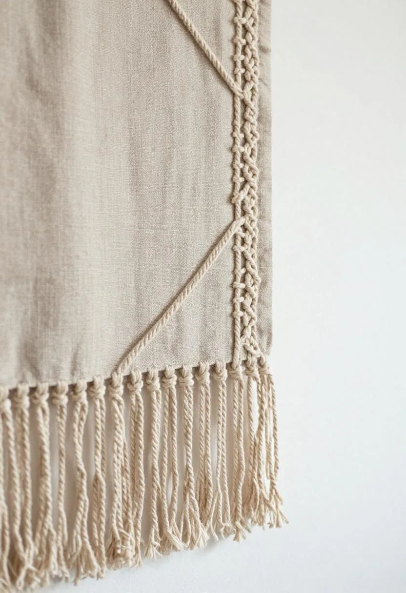 Handmade cotton macramé wall hanging against a sage linen backdrop