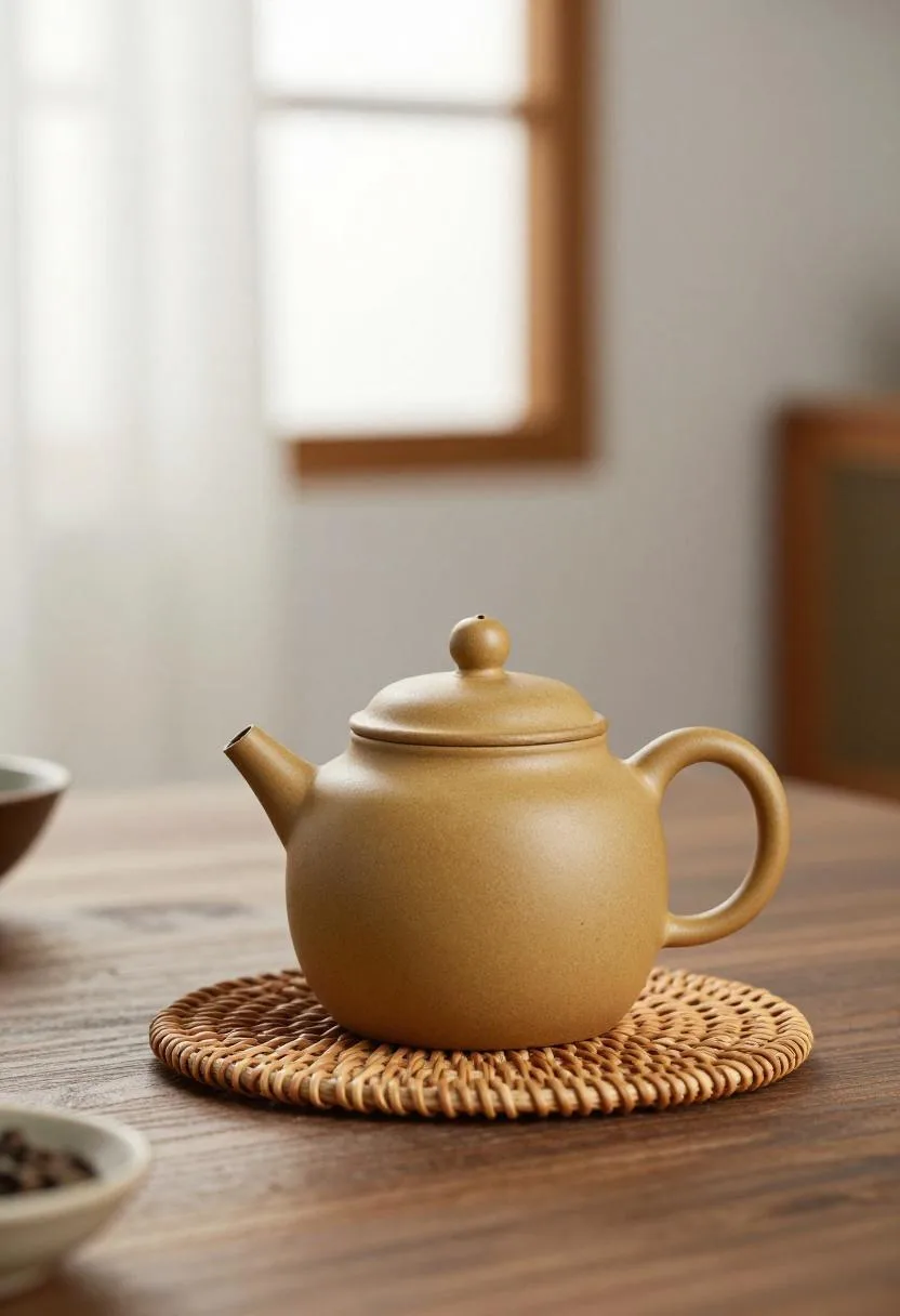 Handmade tan stoneware teapot resting on a bamboo trivet against a clean oak kitchen counter