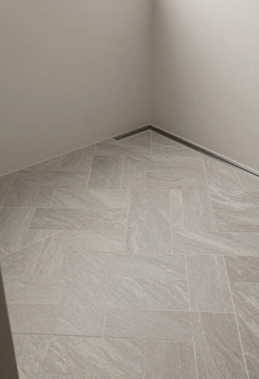 Herringbone warm gray slate shower floor tiles with a sleek matte black linear drain
