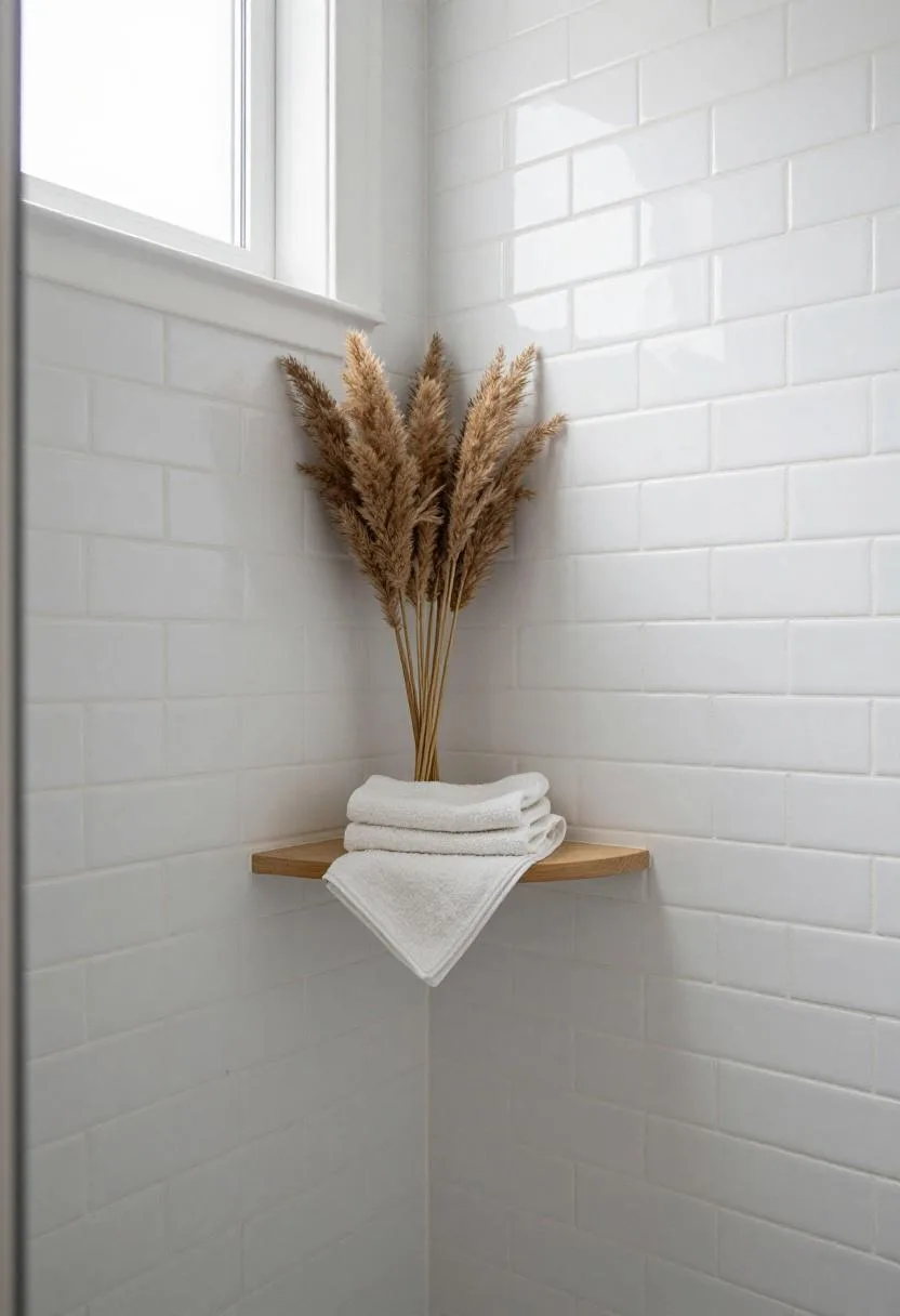 Herringbone aged white tile shower with a teak shelf holding pampas grass and linen in a bohemian bathroom