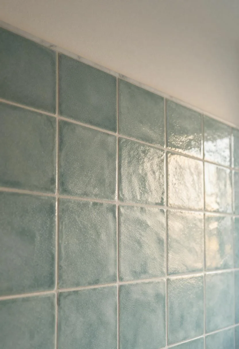 Hexagonal muted teal porcelain shower tiles with a white marble pencil liner trim at the top edge