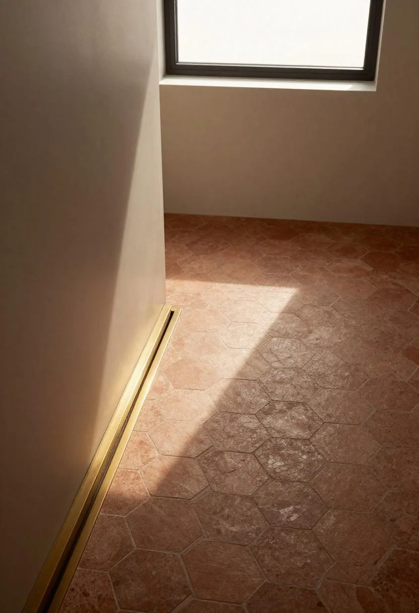 Overhead view of hexagonal terracotta mosaic shower floor tiles with a brass linear drain glowing in golden light