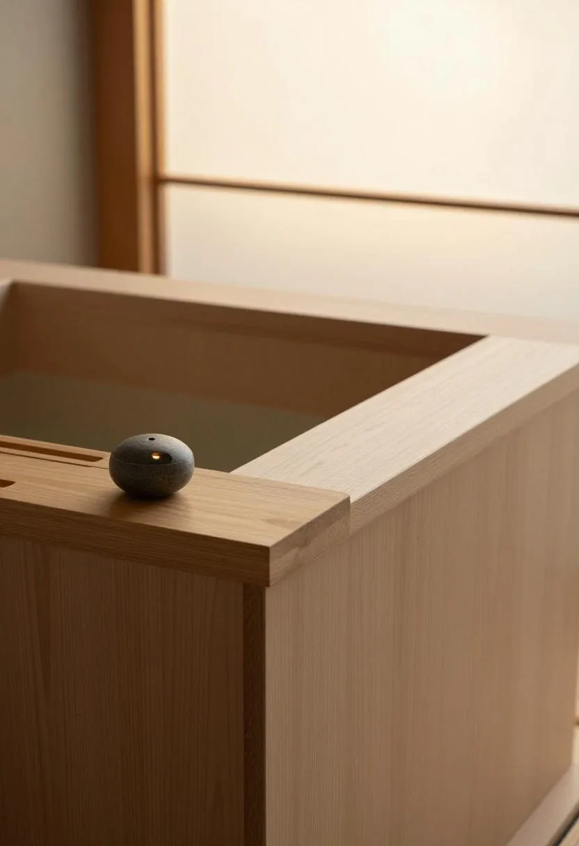 Hinoki wood Japanese soaking tub with a teak bath tray and stone diffuser glowing in golden hour light