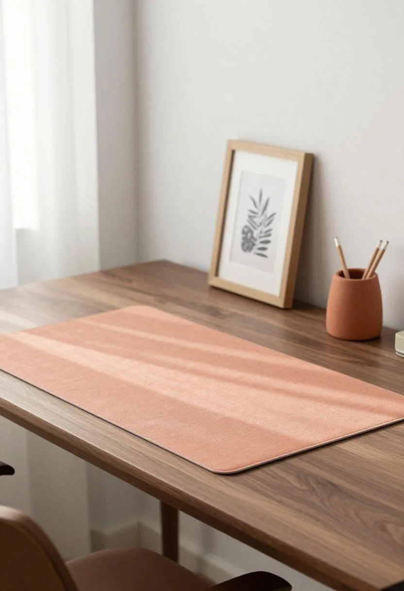 Home office desk with peach linen desk pad, terracotta pencil holder, and oak-framed botanical print on wall