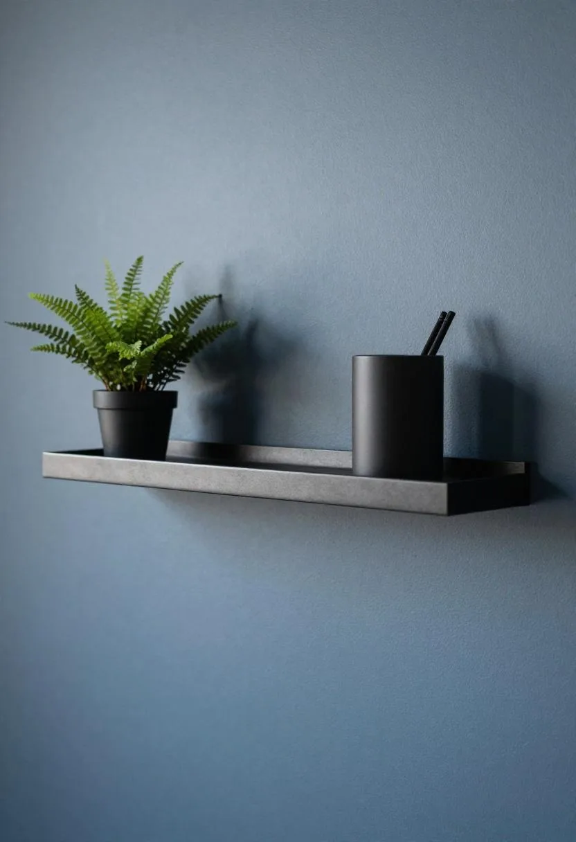 Modern home office steel floating shelf with trailing fern and ceramic pen holder on slate-blue wall