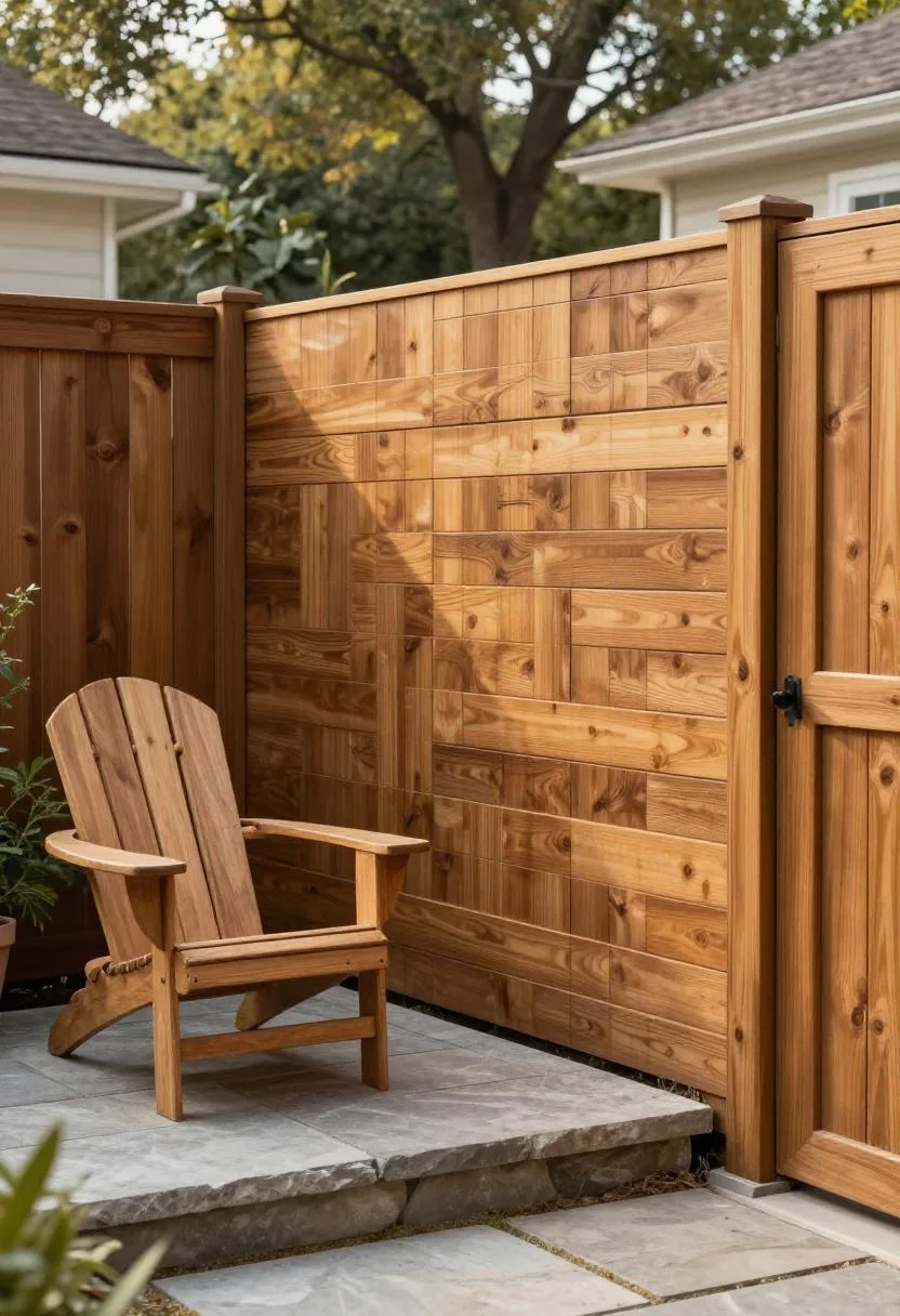 Amber horizontal cedar slats and an oak Adirondack chair composing a warm private backyard retreat