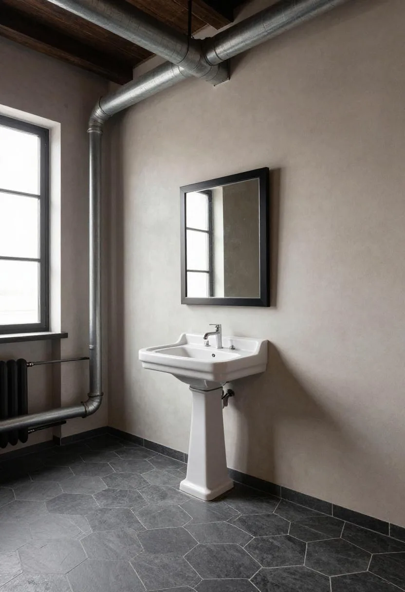 Full industrial bathroom with dark slate hex tile, exposed steel pipes, and porcelain pedestal sink