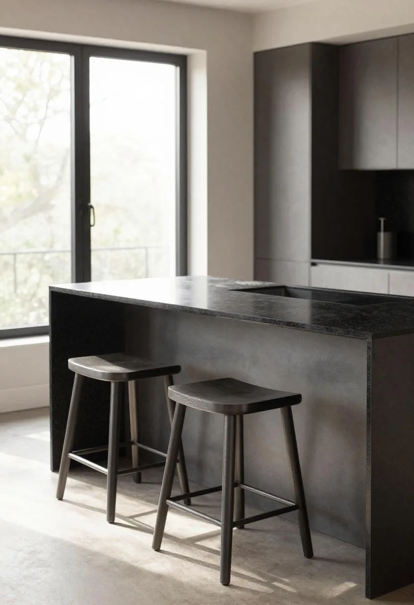 Industrial black granite island with charcoal steel base and brushed-steel stools