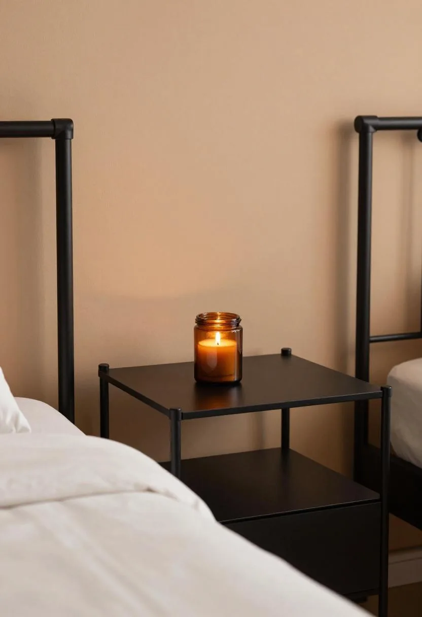 Industrial iron-frame bed with black nightstand and amber glass candle jar against a tan wall