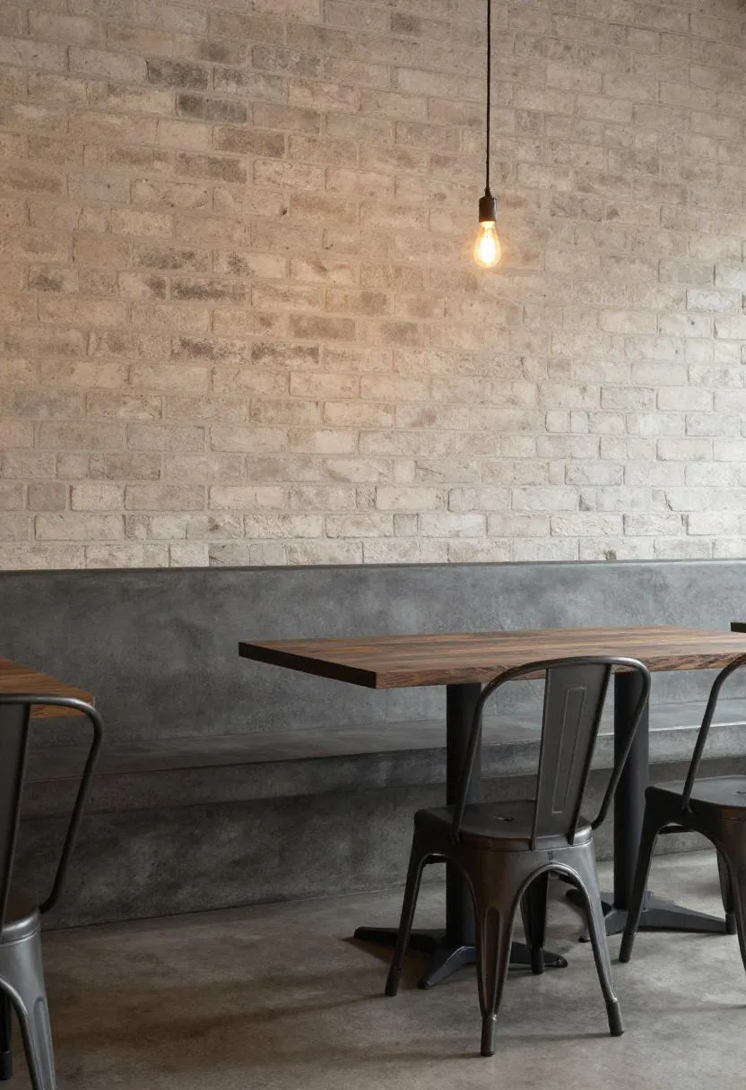 Industrial breakfast nook with concrete bench, dark oak table and warm Edison bulb pendant light