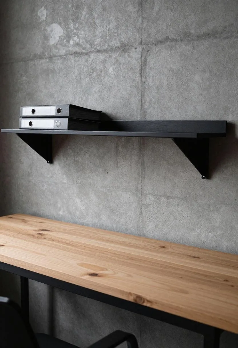 Industrial concrete-finish closet office with reclaimed oak desk surface and open steel vertical shelving
