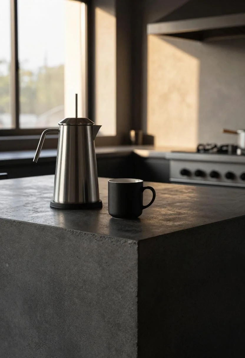 Industrial concrete counter styled with a steel French press and black ceramic mug