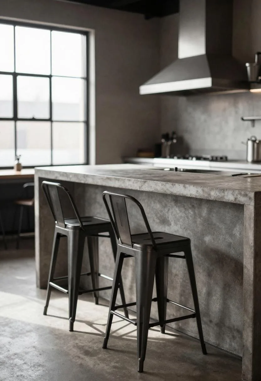 Industrial concrete island with charcoal steel base and black bar stools