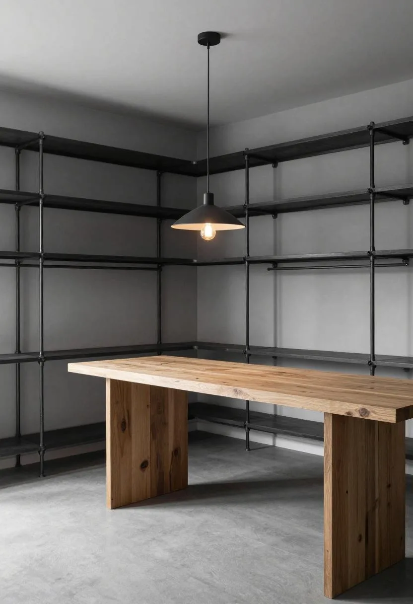 Industrial gray closet office with steel pipe bracket shelving and reclaimed oak floating desk surface