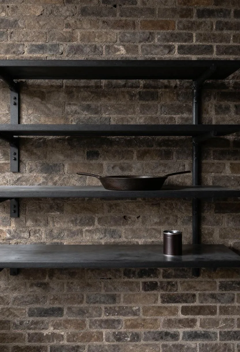 Industrial iron pipe shelves on exposed brick wall with cast-iron skillet and espresso canister