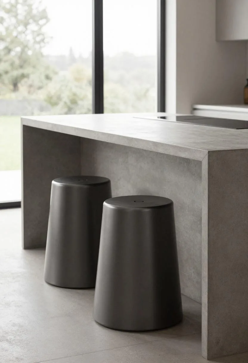 Industrial polished concrete island with raw steel trim and charcoal steel stools