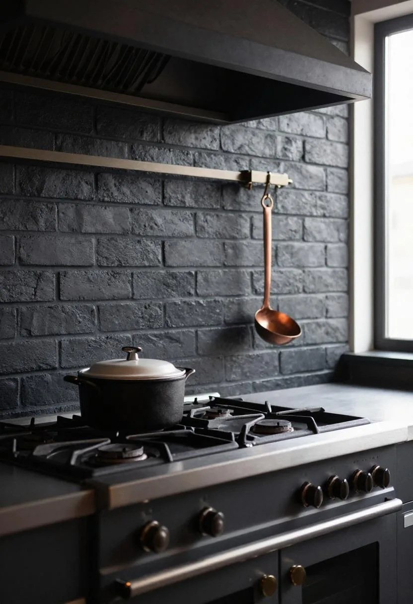 Industrial kitchen range with dark brick backdrop, enamel pot, and hanging copper ladle as decor