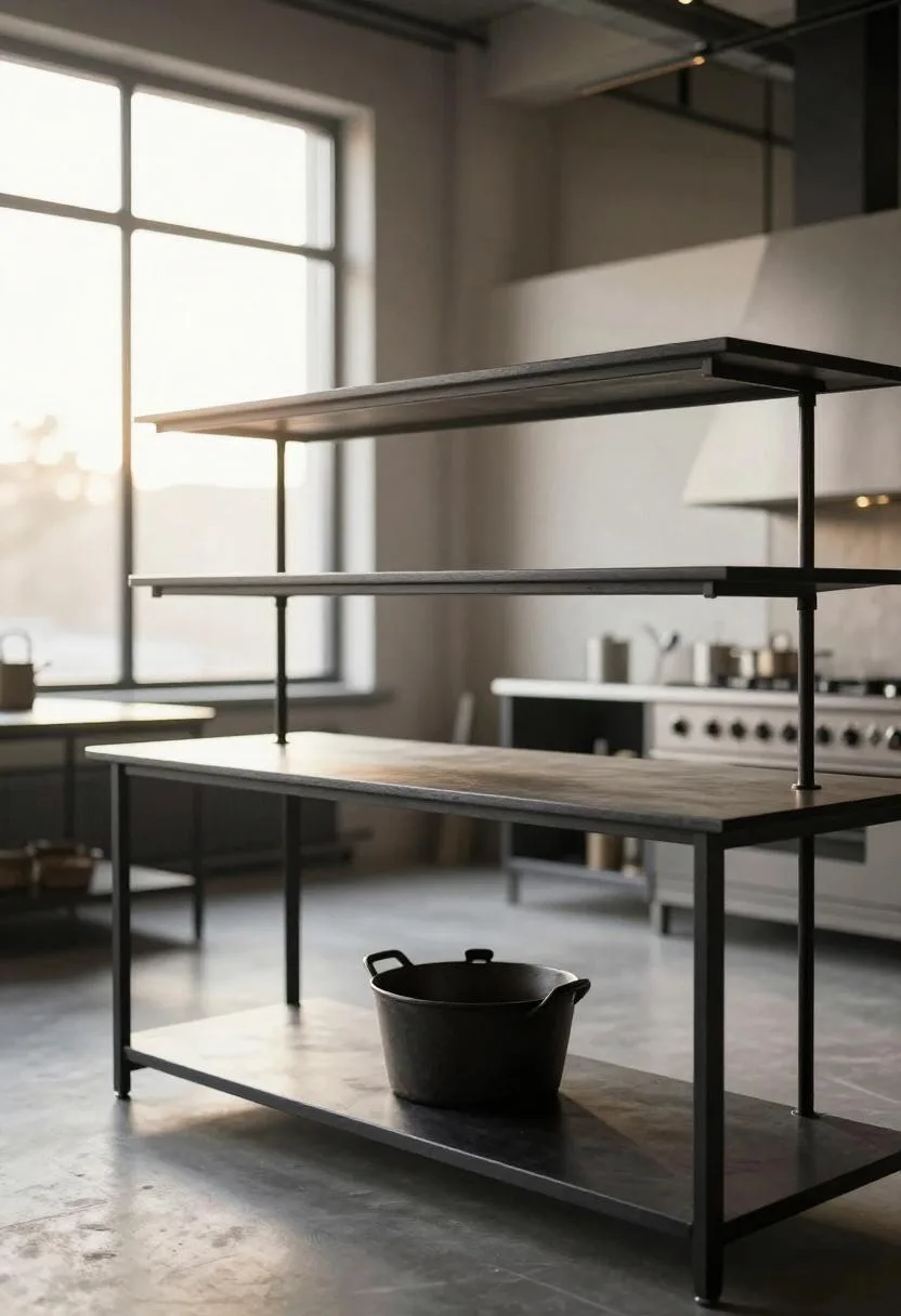 Industrial steel kitchen shelves with a dark cast-iron Dutch oven in warm golden-hour light