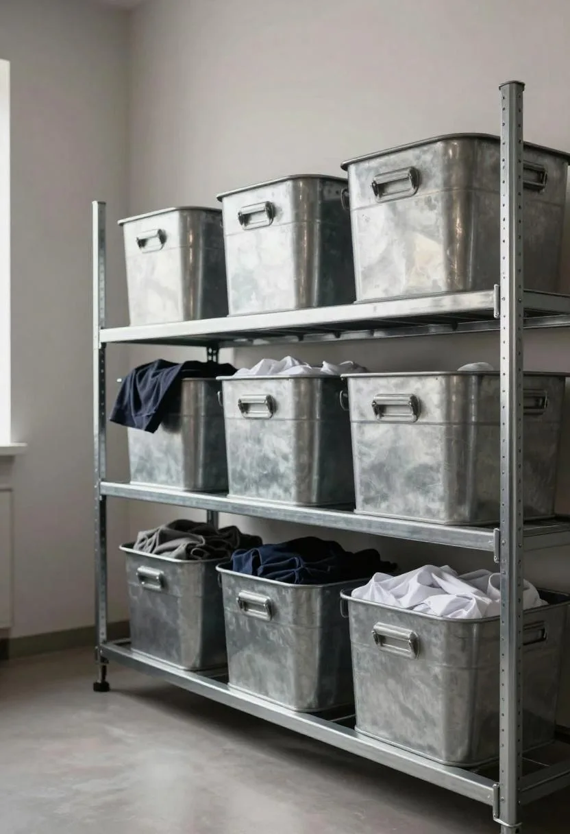 Industrial steel shelving with galvanized sorting bins in a modern laundry room