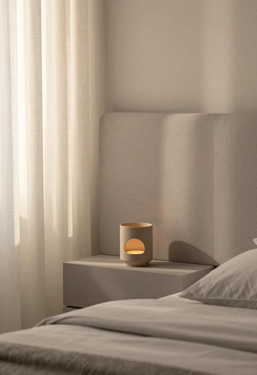 Integrated headboard ledge in ash replacing a bedside table and saving precious floor space in a compact studio bedroom zone