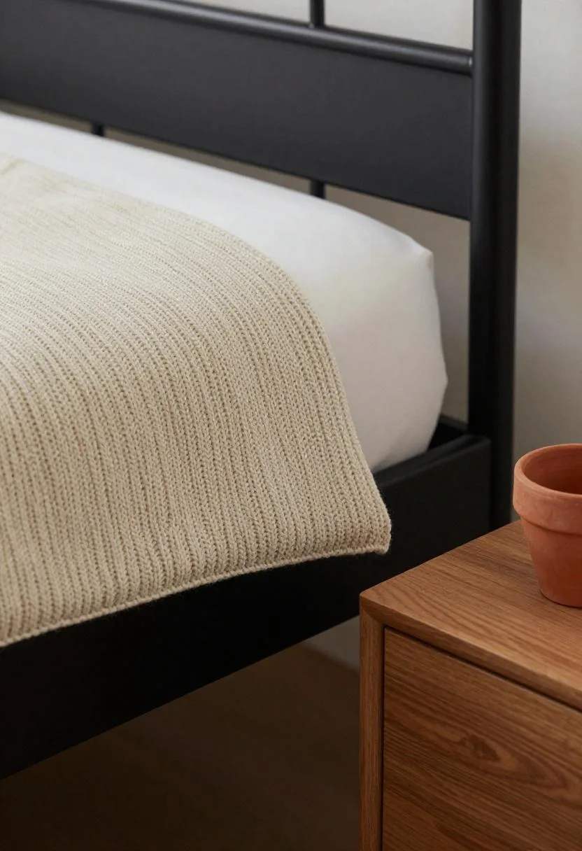 Iron bed frame with chunky knit throw and terracotta nightstand accent