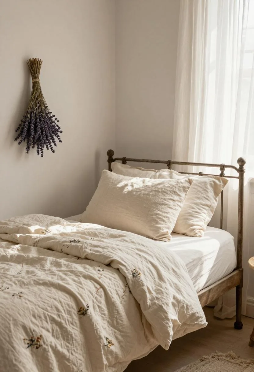 Interior design - iron frame bed cream patchwork quilt morning light