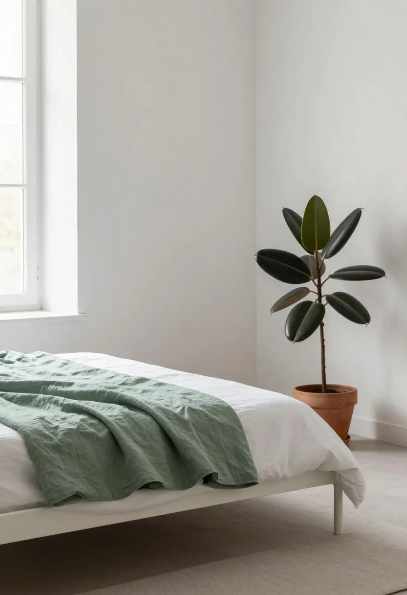 Minimal iron frame bed with sage green cotton duvet and rubber tree plant in Japandi bedroom