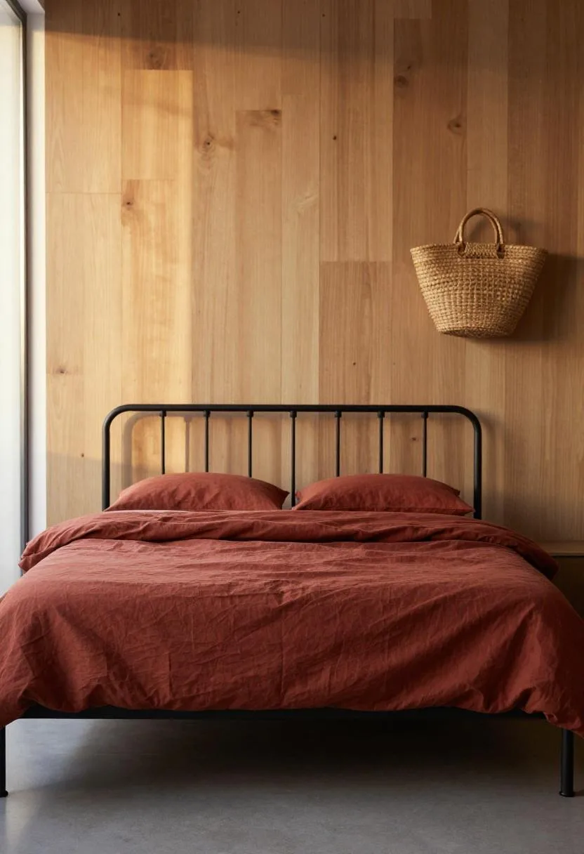 Iron-frame bed with terracotta duvet against a raw wood plank accent wall in a bohemian bedroom