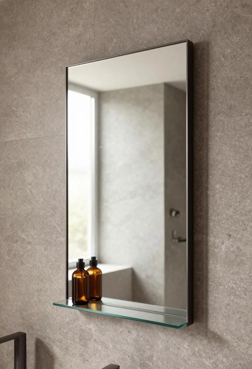Iron-framed mirror reflecting a limestone wet room with a single amber glass bottle
