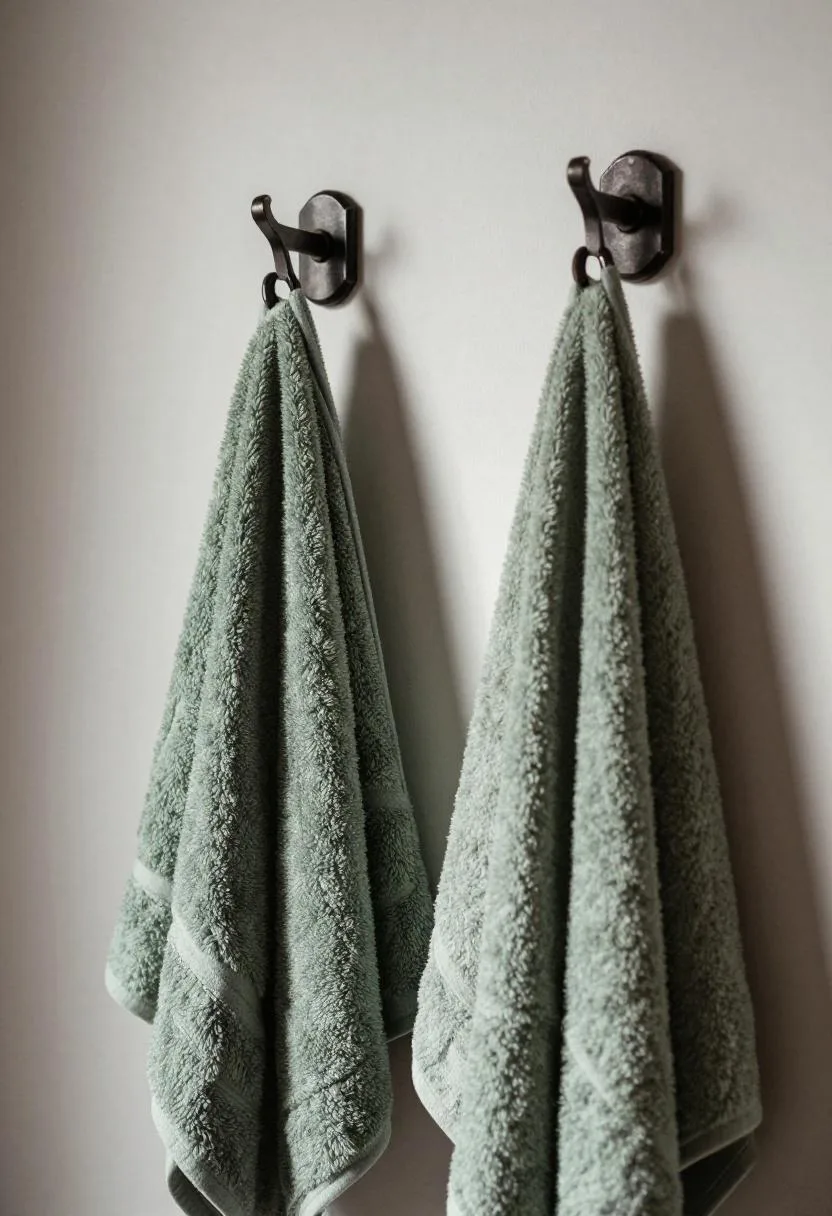 Two matte iron towel hooks mounted on a white plaster wall with sage green cotton towels hanging from each hook
