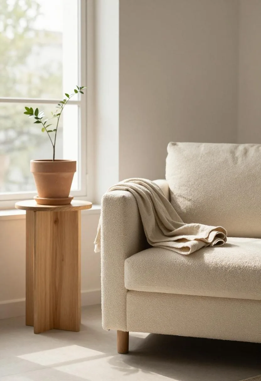 Ivory boucle armchair with a terracotta pot on an oak plant stand in a Japandi corner