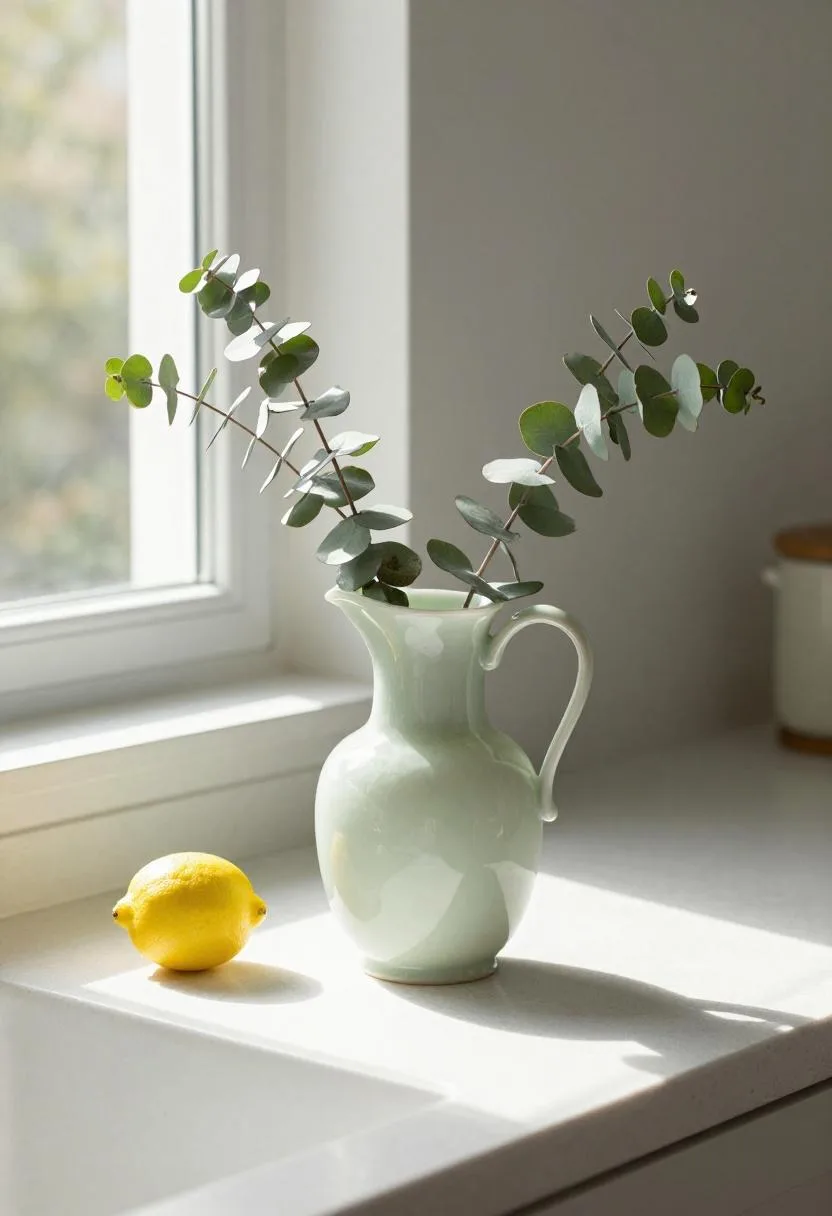Bold jade green ceramic pitcher holding eucalyptus stems on a white quartz kitchen counter in morning light