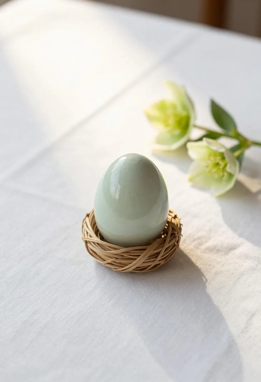 Jade-toned Easter vignette with glazed ceramic egg in a woven rattan nest and a single hellebore stem