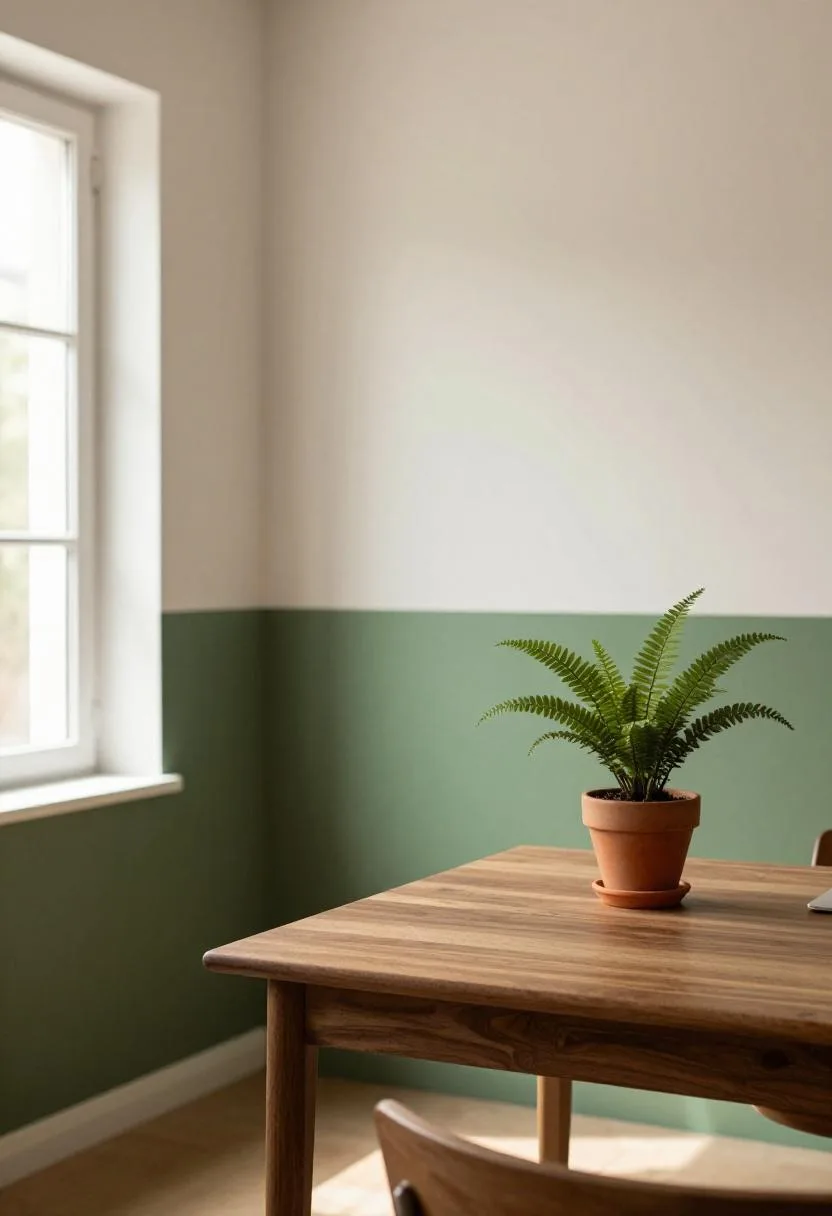 Bold jade green color block DIY accent wall in a home office with a walnut desk and potted fern