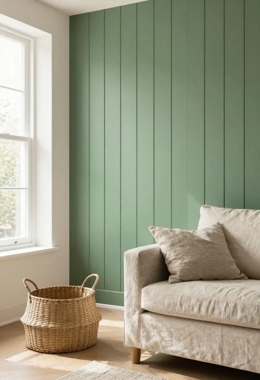 Bold jade green DIY pine slat accent wall in a bright living room with natural linen and seagrass textures