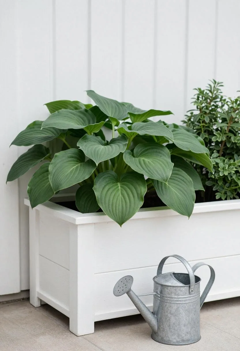 Bold jade hosta leaves overflowing a crisp white cedar raised planter box along a garden fence