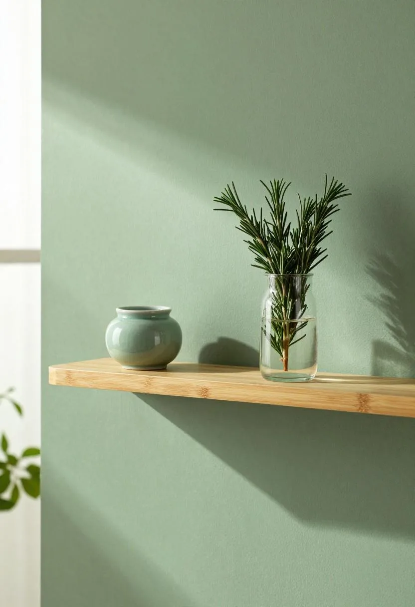 Bold jade kitchen bamboo floating shelf with jade-glazed ceramic jar and fresh rosemary