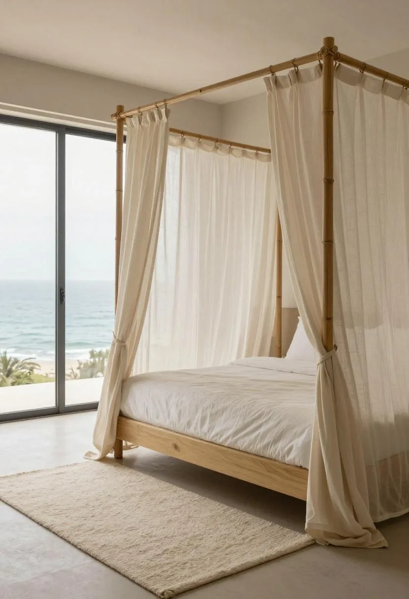 Japandi bamboo canopy bed with cream cotton gauze draping in cool overcast daylight