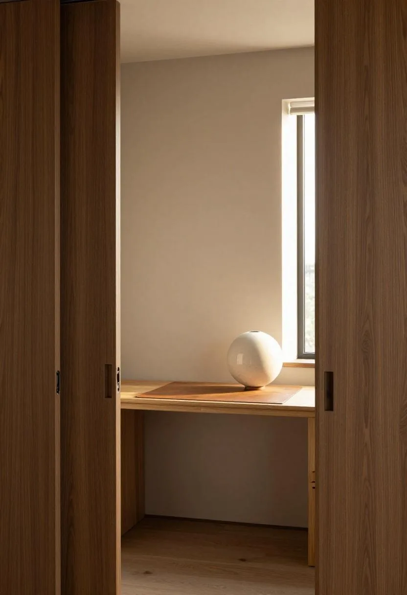 Japandi bamboo desk closet nook with cognac leather desk mat and ceramic pendant lamp overhead