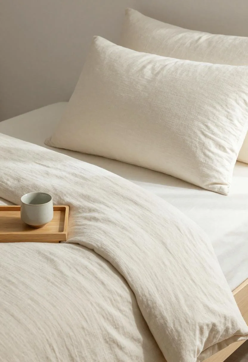 Overhead japandi bed flat lay with hinoki tray and sand linen layers