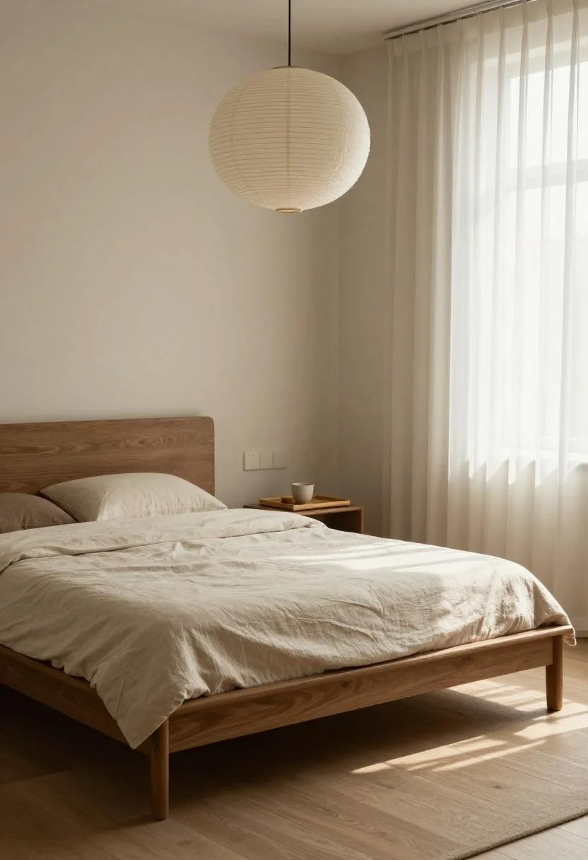 Japandi linen bed with a washi paper pendant light and bamboo nightstand tray in morning light