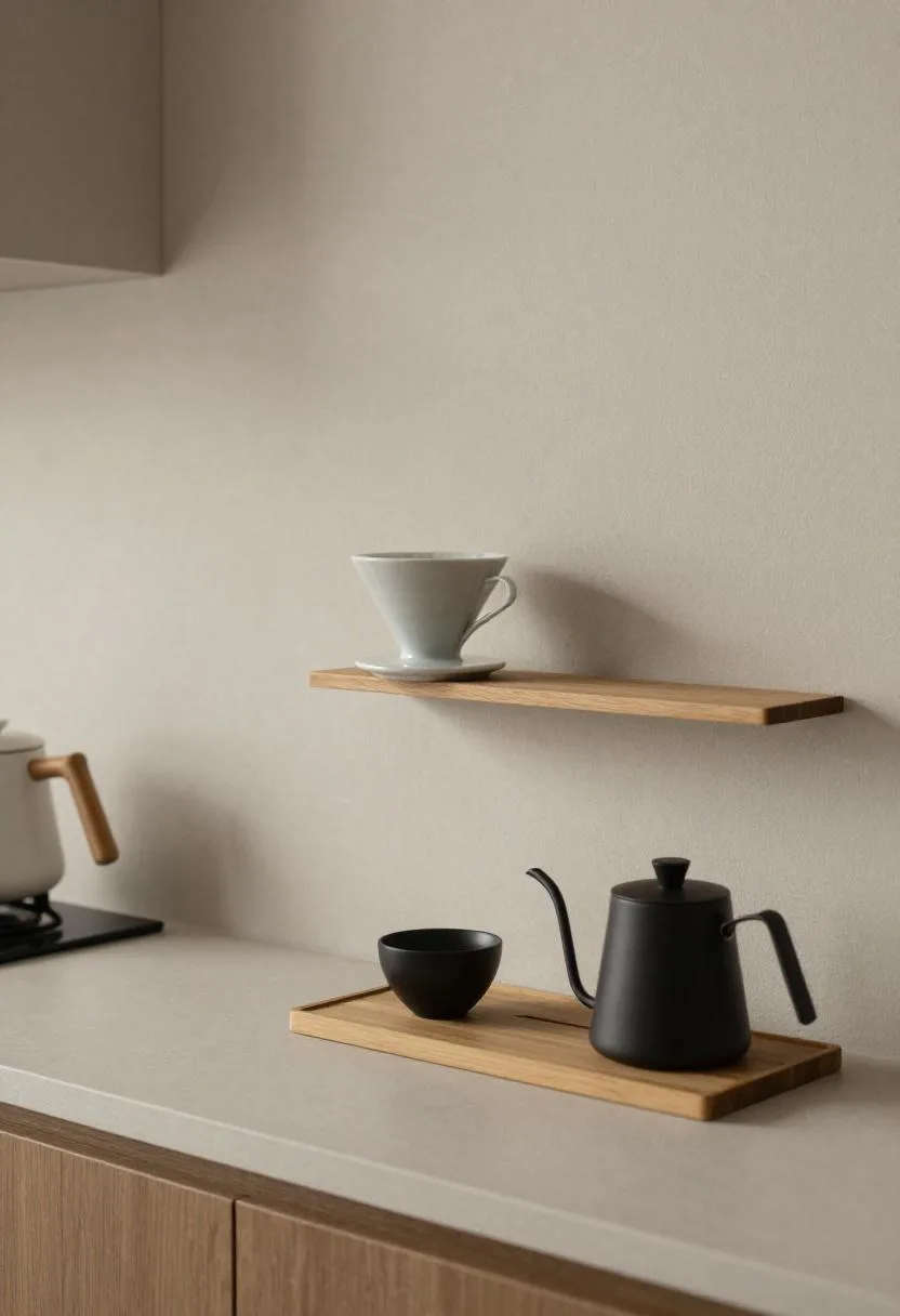 Japandi coffee corner with pale taupe linen runner, matte ceramic pour-over dripper, and matte black steel kettle
